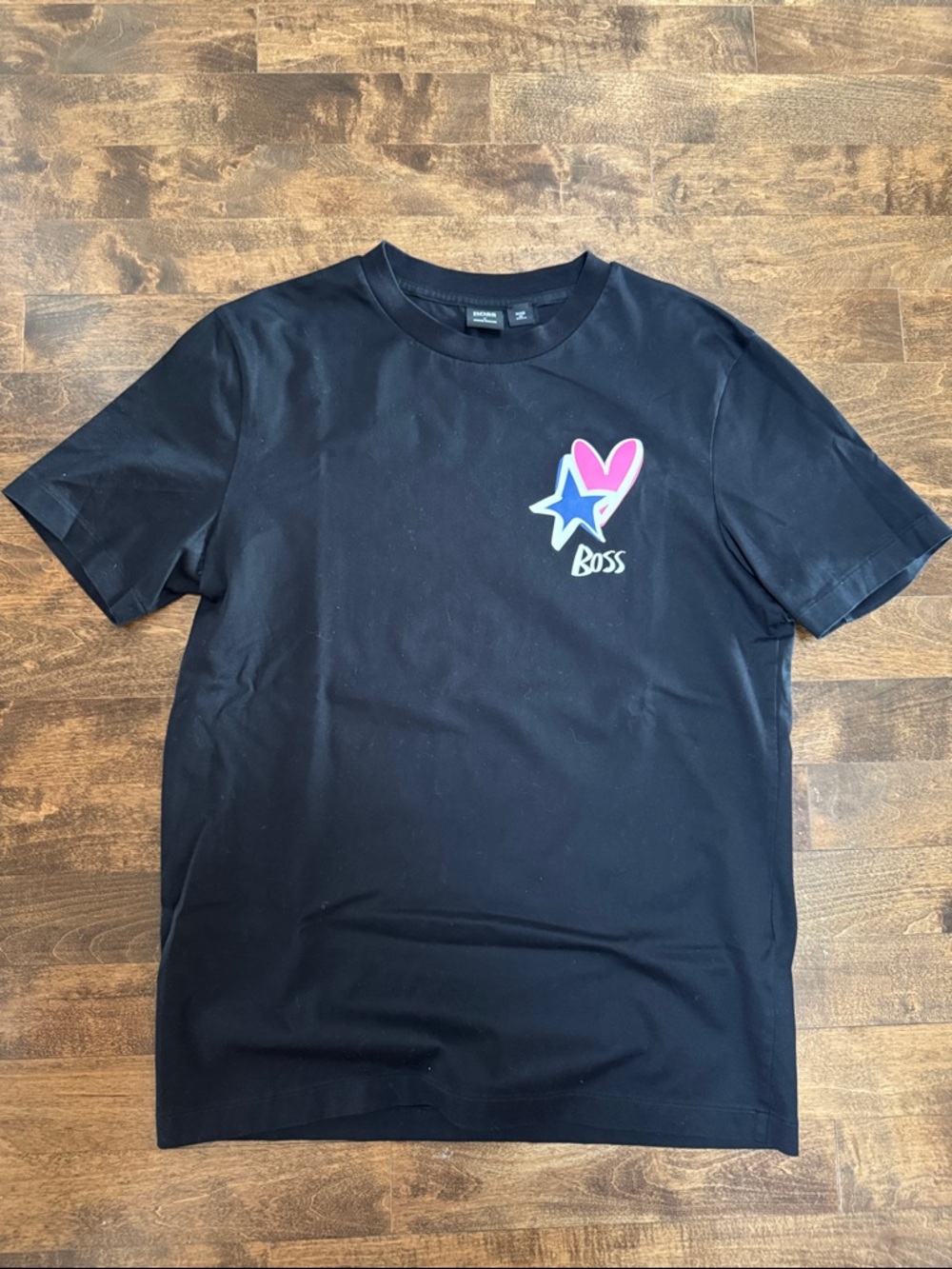 BOSS Black Tee with Pink Heart and Blue Star Graphic